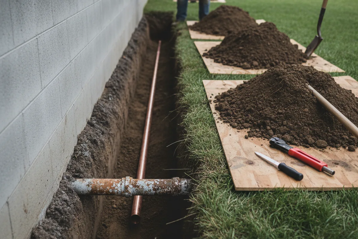 Excavated water line trench during Water Softener Installation in Plymouth
